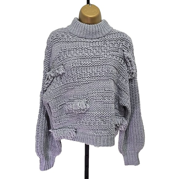 Gray Fringe Wool Blend Chunky Slouchy Cable Knit Sweater Womens Small Mock Neck - Picture 1 of 7